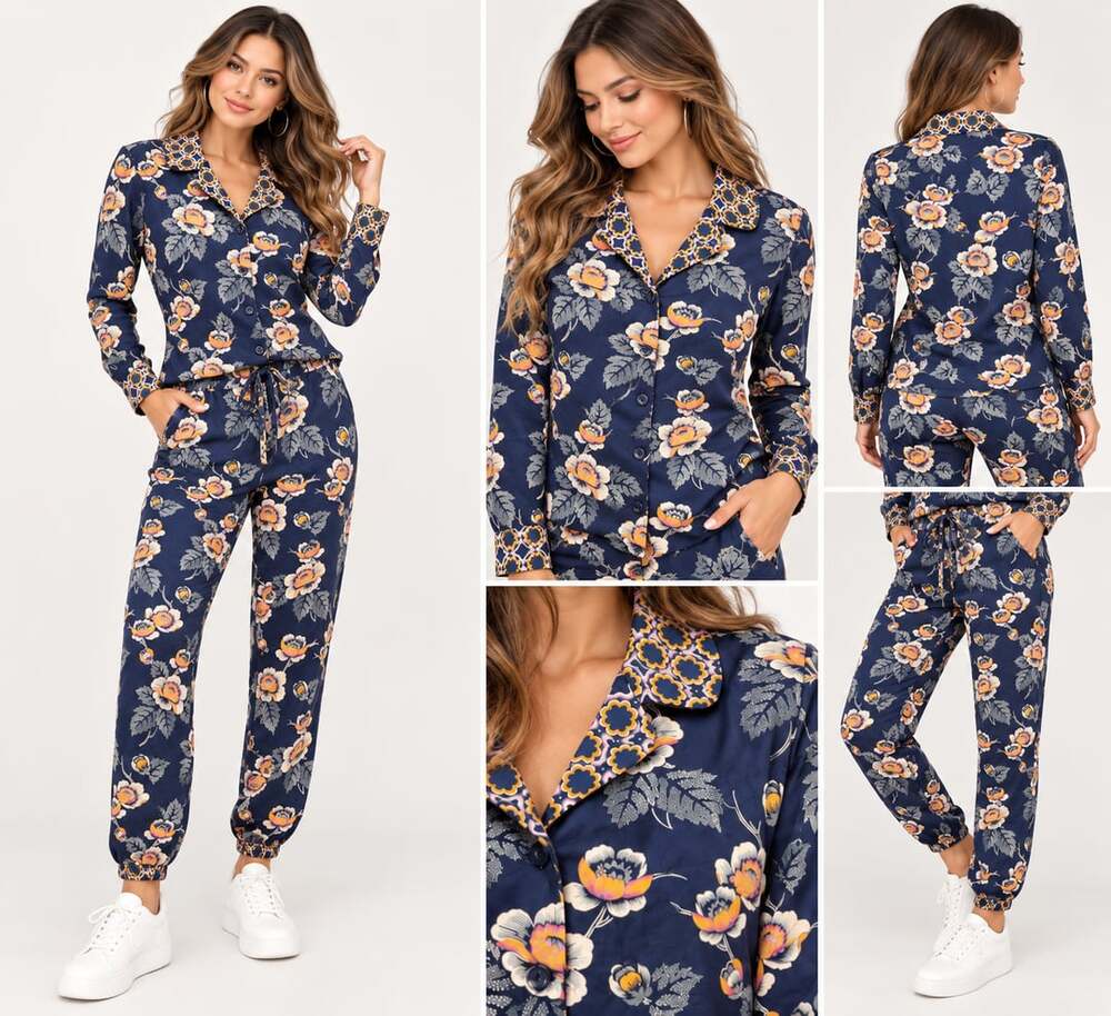 Vera Bradley small woman Evie Floral Long Sleeve Button Down Pajama Set Navy